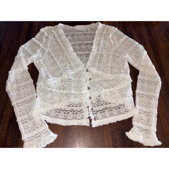 Willow + Root Sweaters - Willow + Root White Lace Ruffle Cardigan Top with Rose Buttons Size Large